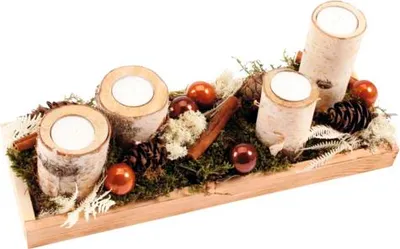 Produktbild von Adventsgesteck Holztablett mit 4 Birkenholz Kerzenhalter L ca. 38 cm B ca. 13,5 cm H ca. 16 cm