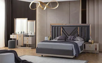 Produktbild von Komplette Schlafzimmer Garnitur Graues Bett Schminktisch Mit Spiegel