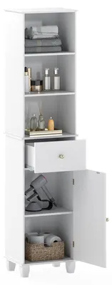 Produktbild von Badezimmerschrank, Bodenschrank schmal, 3 offene Regale, Schublade, Tür, verstellbares Regal, Küche, 172 cm, Weiß