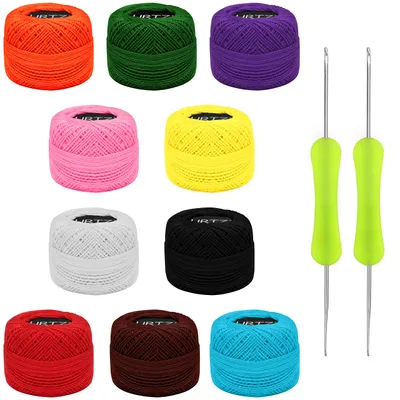 Zdjęcie produktu dla Bawełniana przędza do szydełkowania Kurtzy Coloured (10 sztuk) - 2 szydełka w zestawie (1 mm i 2 mm) Wełna do robótek na drutach - Każdy kłębek bawełnianej przędzy waży 10 g