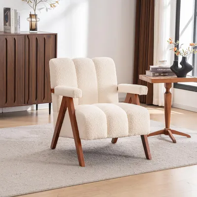 Productafbeelding van Fauteuil, bekleed met bouclé-stof, houten frame, armleuningen, geschikt voor woonkamer en slaapkamer