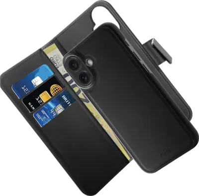 Zdjęcie produktu dla Etui z ekoskóry Puro Wallet Detachable MagSafe 2w1 z klapką i portfelem do iPhone 16 - czarne