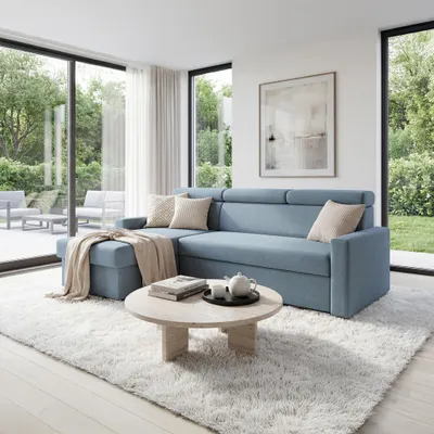 Produktbild von Ecksofa Vega L mit Schlaffunktion Zero-Wall Funktion Samtsofa 224 cm Himmelblau