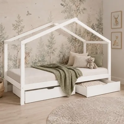 Produktbild von Homestyle4u Kinderbett 90x200 Hausbett Kinderhaus Holzbett Weiß Bettkasten mit Stauraum mit Lattenrost