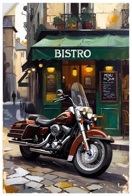 Produktbild von ARTland Wandbild, selbstklebend Eine parkende Harley vor einem Bistro Größe: 40x60 cm