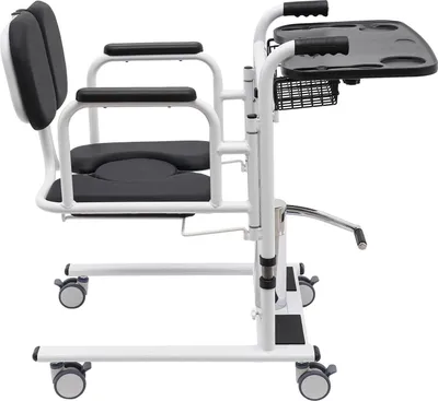 Image de Fauteuil roulant de transfert - Fauteuil élévateur hydraulique - Capacité de charge 150 kg - Hauteur 30,2-46,2 cm - Dossier avec ouverture à 180° - Avec insert pour toilettes - Table 55,8×33 cm - Noir