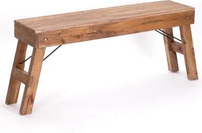 A wooden bench on a white background.