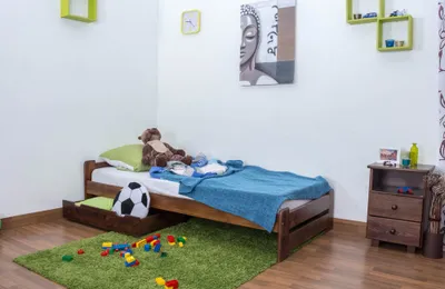 Produktbild von Kinderbett / Jugendbett Kiefer Vollholz massiv Nussfarben A9, inkl. Lattenrost - Abmessung 90 x 200 cm