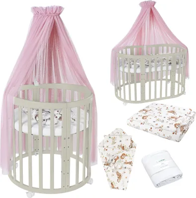 Produktbild von Waldin Babybett OWAL Kinderbett 7in1 mit Matratze, mitwachsendes Kinder-Bett,Stoffe Rosa Tiere,Holz olive