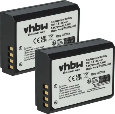 Produktbild von vhbw 2x Akku kompatibel mit Canon EOS 1100D, 2000D, 1200D, 4000D, 1300D, Kiss X70, Kiss X50, Kiss X80, Kiss X90 Kamera (800 mAh, 7,2 V, Li-Ion)