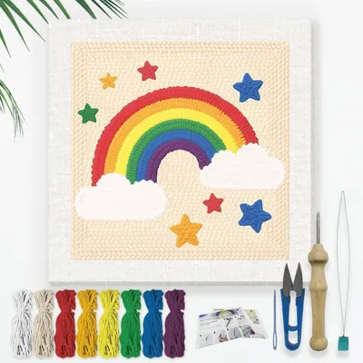 Produktbild von Stickset zum Selbermachen mit Punch Needle für Erwachsene Anfänger 24cm Regenbogenmuster Bastelset mit Rahmen Garn und Nadel