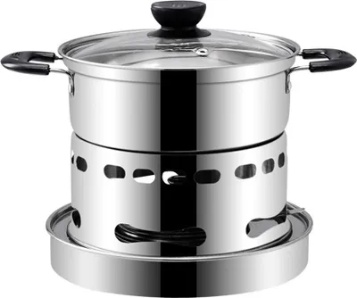A stainless steel alcohol stove with a pot and lid, presented on a white background.