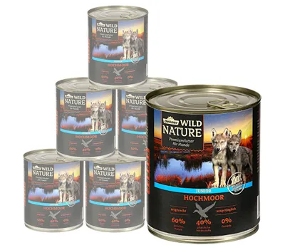Produktbild von Dehner Wild Nature Hundefutter Hochmoor, Nassfutter getreidefrei / zuckerfrei, für Welpen und junge Hunde, Gefügel / Ente, 6 x 800 g (4.8 kg)