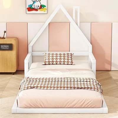 Produktbild von Kinderbett Bodenbett 90x200, Kinder Hausbett mit Rausfallschutz und Lattenrost, Stabiles Kiefernholz Baumhausbett Spielbett für Jungen Mädchen, Einzelbett Jugendbett Bettgestell, ohne Matratze, Weiß