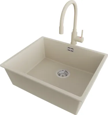Produktbild von PRIMAGRAN Granitspüle Beige 56x47cm, Spülbecken 1 Becken + Küchenarmatur 38x14cm + Ablauf-Set, Küchenspüle ab 60er Unterschrank - London Slim