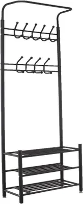 Productafbeelding van Kledingrek Met Schoenenrek - Kapstok Staand - Hal Organiseren - 18 Haken - 190x66x30 cm - Zwart