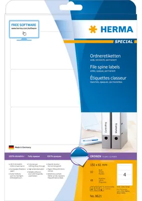 Image de Étiquettes pour classeurs HERMA A4 blanches 192 x 61 mm, 40 pièces, mates et opaques