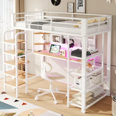 Produktbild von MODFU Metallbett Hochbett 90 × 200 mit Matratze,Jugendbett mit LED-Beleuchtung und Steckdose, Einzelbett Bettrahmen mit Ablagefächer,Leiter und Regal,Weiß