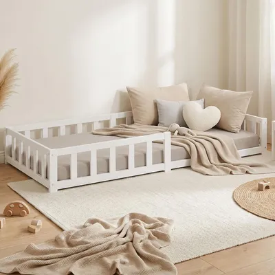 Produktbild von Homestyle4u Kinderbett 90x200 mit Rausfallschutz Weiß mit Rausfallschutz Bodenbett Montessori Bett Lattenrost Kleinkindbett