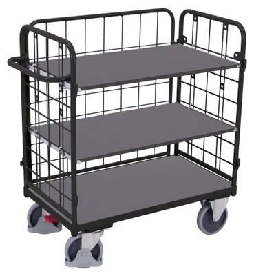 Produktbild von VARIOfit Dreiwandwagen, niedrig und vergittert mit 3 Etagen 1200x800mm Anthrazitgrau RAL 7016