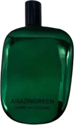 A green perfume bottle with a black cap.
