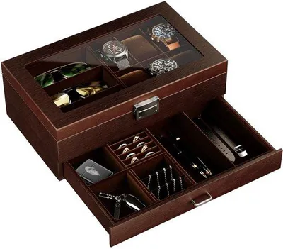 Immagine prodotto di Portagioie in legno con finitura laccata, a 2 ripiani, portocchiali e portorologi con coperchio in vetro per 6 orologi da polso e 3 occhiali, portocchiali e portorologi