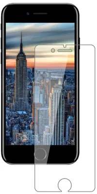 A screen protector is shown placed over a smartphone displaying a cityscape.