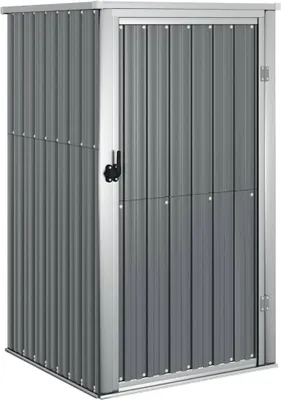 A grey metal storage shed with a silver frame and a black latch.