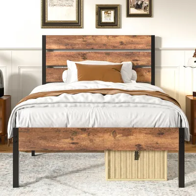 Productafbeelding van VECELO bedframe, 90 x 200 cm, enkel bed van metaal met een massief houten hoofdeinde