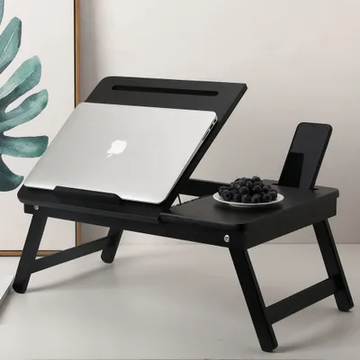 Produktbild von Laptop-Tisch aus Bambusholz für Couch oder Bett - Mit Telefon- & Tablet-Halter - Höhenverstellbar, kippbar & zusammenklappbar - Farbe: Schwarz - Decopatent