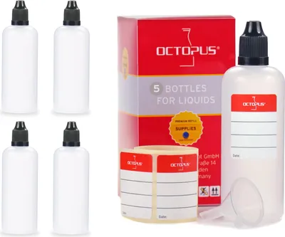 Obrázok produktu pre 5 plastových fliaš 100 ml LDPE, G14, kvapkadlo, čierne viečko, 1 mini lievik