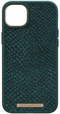 A dark green iPhone case with a textured, snake-skin-like pattern is shown against a white background. A small gold-colored rectangular plate with embossed text is visible at the bottom center of the case.