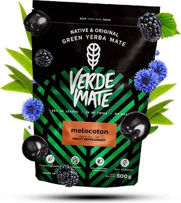 Produktbild von Verde Mate - Mate Tee Melocoton 500g - Dicke Blätter 5 mm Luftgetrocknet - Pfirsich, Aronia - Sommerlich Mild - Yerba Mate Brasilien