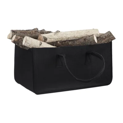 Produktbild von 8 x Kaminholztasche aus Filz, tragbarer Feuerholzkorb, faltbarer Zeitungshalter HxBxT: 25 x 25 x 50 cm, schwarz