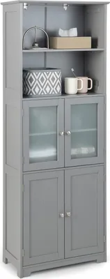 Produktbild von Badezimmerschrank mit Tür & verstellbarem Regal, freistehender Bodenorganisator, Badschrank für Schlafzimmer, Küche, Wohnzimmer, 60 x 30 x 163 cm (Grau)