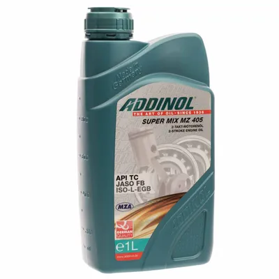 A bottle of ADDINOL SUPER MIX MZ 405 2-stroke engine oil.