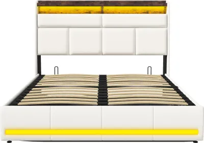 Obrázok produktu pre posteľ 140x200 cm s úložným priestorom, USB a LED osvetlením, čalúnená posteľ s lamelovým roštom, manželská posteľ, biela