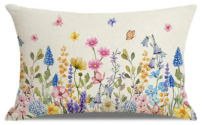 Zdjęcie produktu dla Poszewka na poduszkę "Wiosna", 30x50 cm, len, motyw: kwiaty, tulipany, chabry, motyle, dekoracja