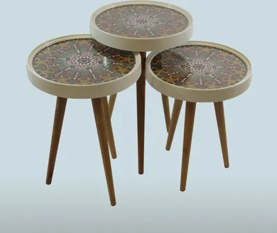 Produktbild von Beistelltisch 3er Set 3D mit Glas Beige Rund Dantel2 | ø 39 cm