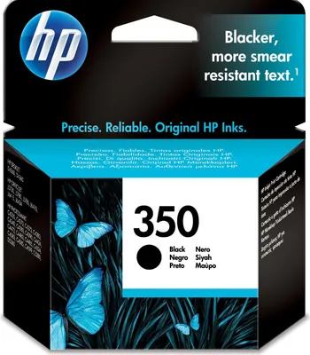 The image shows the packaging of an HP 350 black ink cartridge, featuring butterflies and product information.
