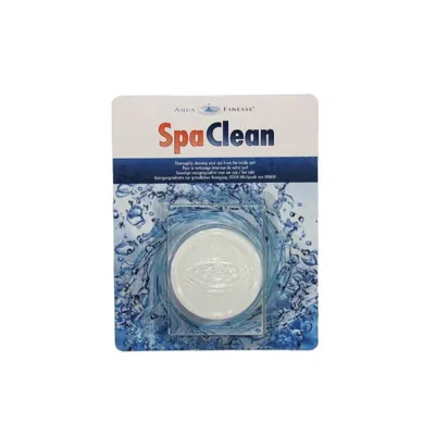 A product package for AquaFinesse SpaClean Puck, a cleaning tablet for hot tubs, is shown against a white background. The packaging features a graphic of swirling water and the product name prominently displayed.