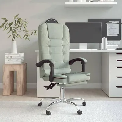 Produktbild von Bürostuhl mit Massagefunktion Hellgrau Samt Drehstuhl ergonomisch höhenverstellbar mit Armlehne und Rollen, Liegefunktion, Rückenlehne verstellbar, Lendenwirbelstütze