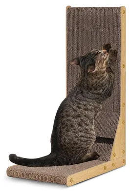 Image de Arbre à gratter en forme de L pour chats - en carton ondulé, avec une balle jouet
