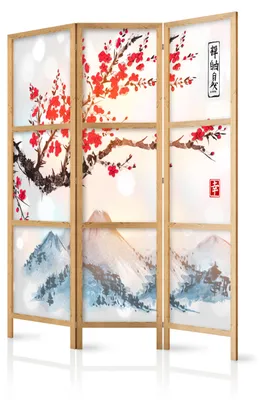 Produktbild von Muralo Japanischer PARAVENT 3-teilig Raumteiler klappbar PREMIUM-Vliesleinwand SAKURA BERG FUJI für Schlafzimmer 135cmx172cm