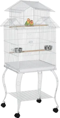 Produktbild von Vogelkäfig - Voliere mit Rollen - 50 x 49 x 137 cm - Herausziehbare Bodenwanne - Futternäpfe - Stahl & Holz - Weiß