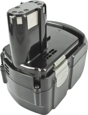 A black and gray battery pack for a power tool, shown from a slightly elevated angle against a white background.