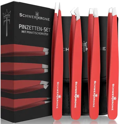 Obrázek produktu pro Pinzeta sada pinzet obočí - Nerezová ocel - 4 kusy s pouzdrem - Rovné, šikmé a špičaté pinzety - Na obočí a třísky