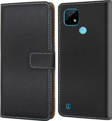 A black flip-style phone case is shown, with the phone inside on the right side and the cover closed on the left.