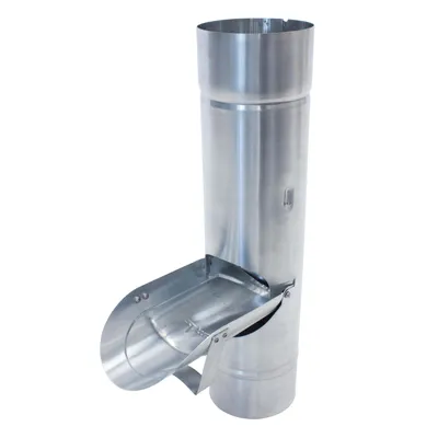 A silver metal downspout diverter with a hinged flap.