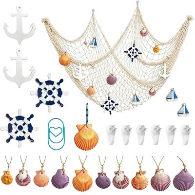 Imagen del producto de Red de pesca decorativa con conchas, 1,5 x 2 metros, decoración para pared con temática de playa
